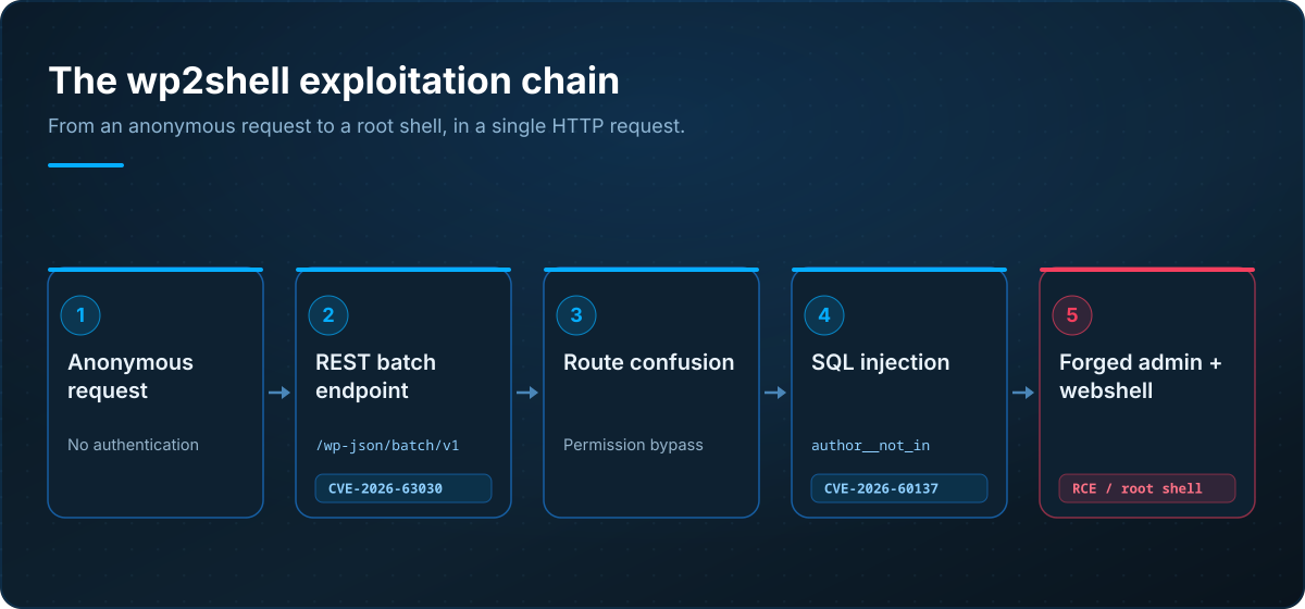 The wp2shell exploitation chain: anonymous request, REST batch endpoint, route confusion, SQL injection, administrator creation and webshell