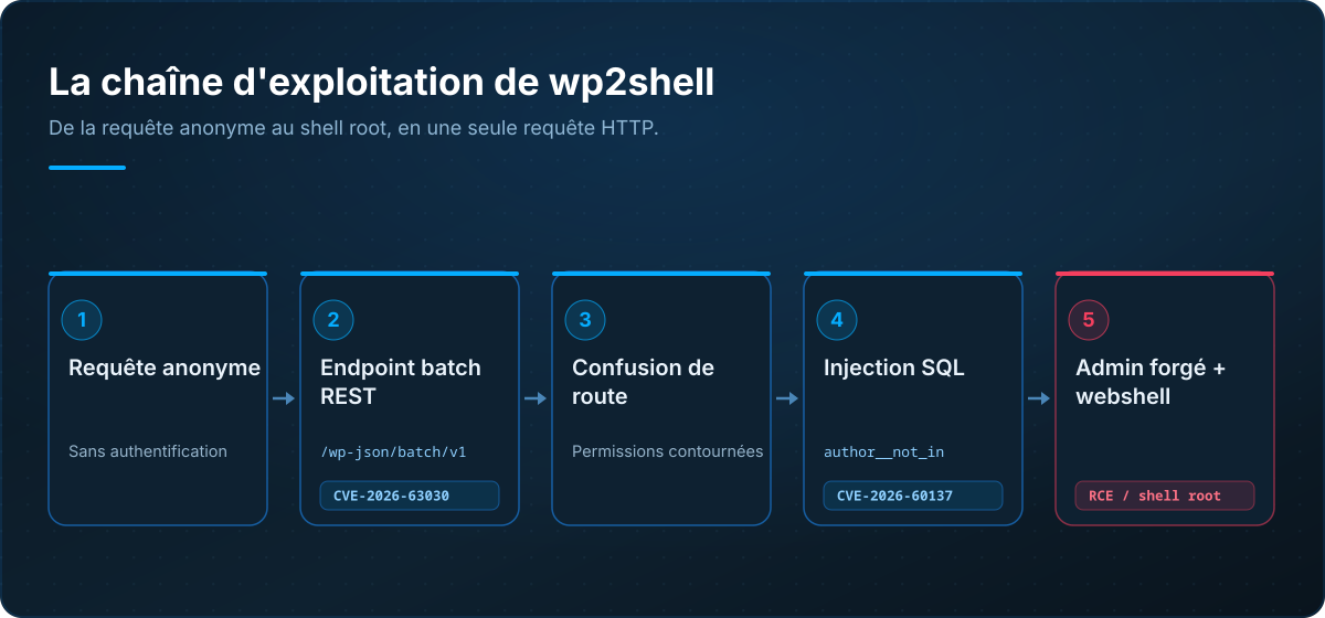 La chaîne d'exploitation de wp2shell : requête anonyme, endpoint batch REST, confusion de route, injection SQL, création d'un administrateur et webshell